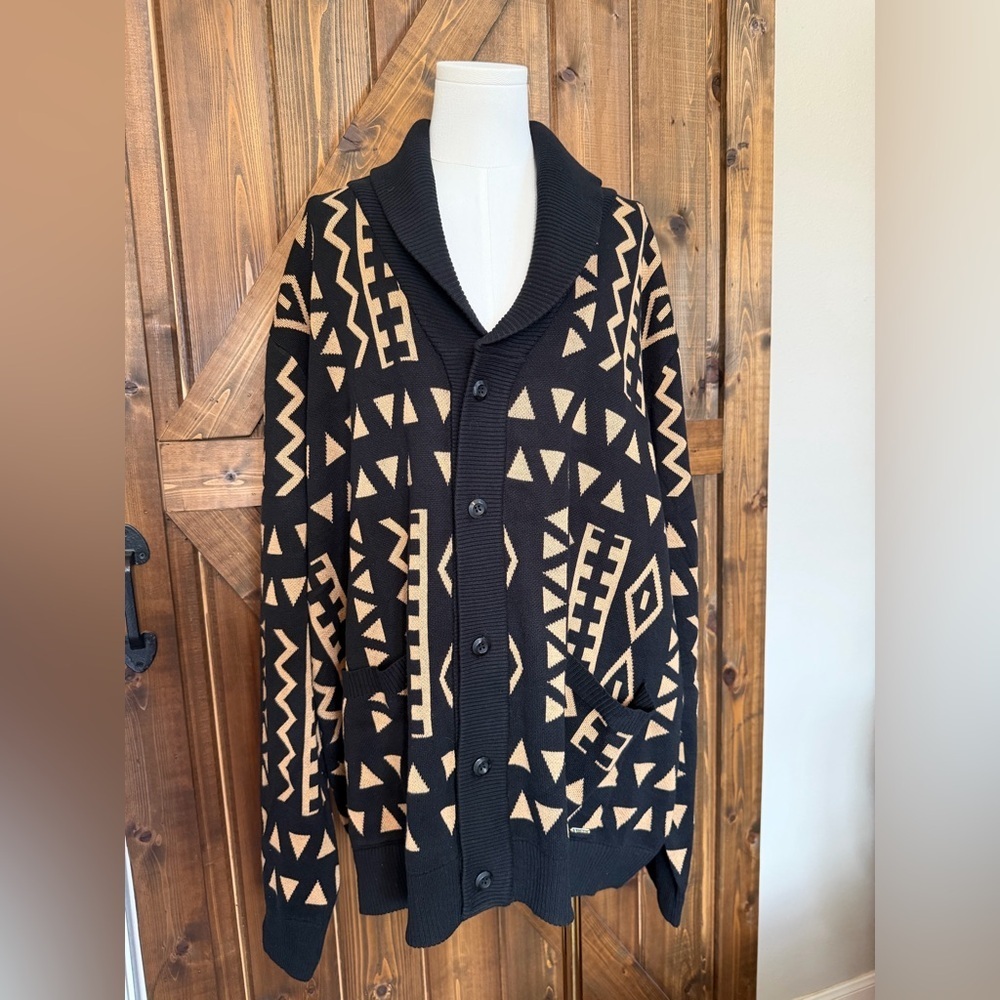 D'iyanu Mens Nwt Cardigan Sweater Sz 3xl African Print Black/Tan Geometric New — image 7 of 8